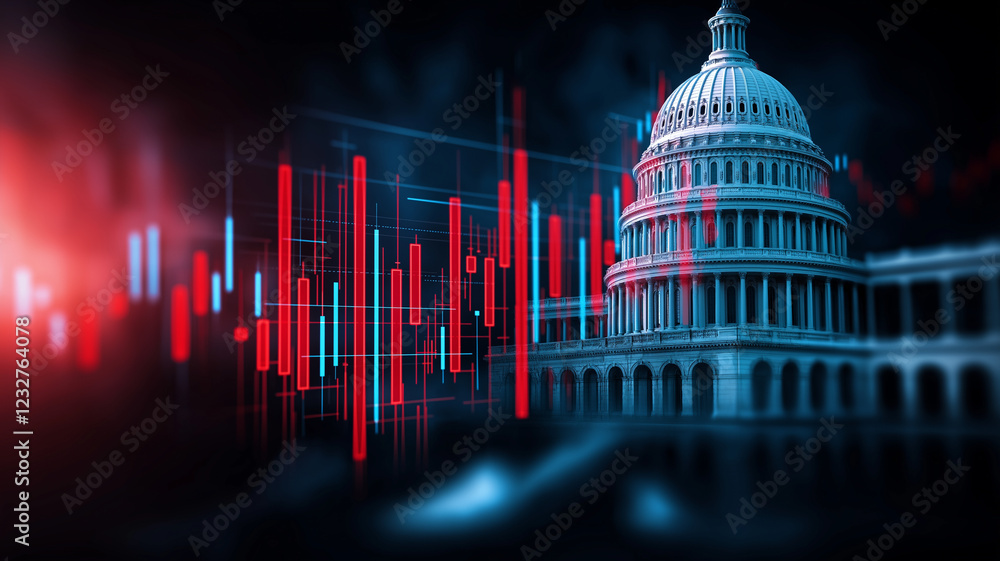 Poster u.s. capitol building with financial data visualization, showcasing blend of architecture and modern