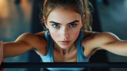 Fototapeta premium Woman smiling at the camera during workout session in gym environment with fitness equipment around her