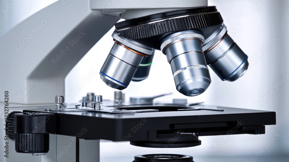 Poster close-up view of a microscope showcasing advanced optical components in a laboratory setting