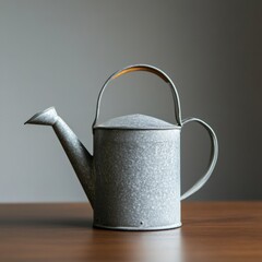 galvanized metal watering can on a wooden table