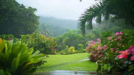 Lush Tropical Garden with Rain and Colorful Flowers in Background