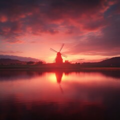 silhouette of a windmill at sunset reflected in a calm lake