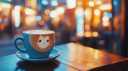 A close-up of latte art with a cozy cafe background