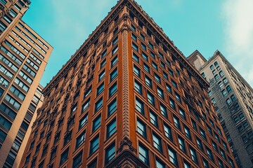 Highlighting planes, lines, and corners, the building facade showcases geometric color elements in gray and orange, with reflections adding abstract texture. This design allows for text placement