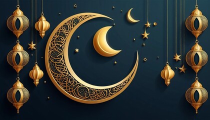 Ornate golden crescent moon and lanterns in a luxurious design, reflecting the elegance and festivity of Ramadan nights.
