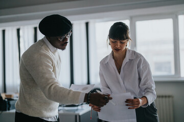 Two colleagues are reviewing and discussing documents together at their office space. The scene reflects teamwork, professionalism, and collaborative effort, suitable for work and business themes.