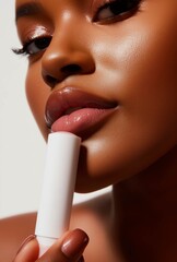 Close-Up of Beautiful Woman Holding Lipstick Mockup in Studio Light