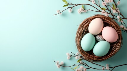 Pastel Easter Eggs in a Nest with Spring Flowers