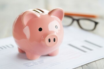 Retirement planning involves budgeting and estate planning. Pink piggy bank on financial documents with eyeglasses in the background.