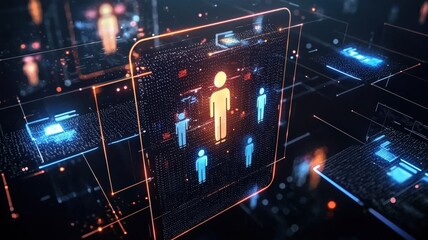 Virtual Team Strategy concept. Digital network with human figures, symbolizing connectivity and technology.