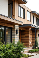 Fototapeta premium Modern Architectural Design: Luxurious Contemporary Home Exterior with Stone and Wood Facade