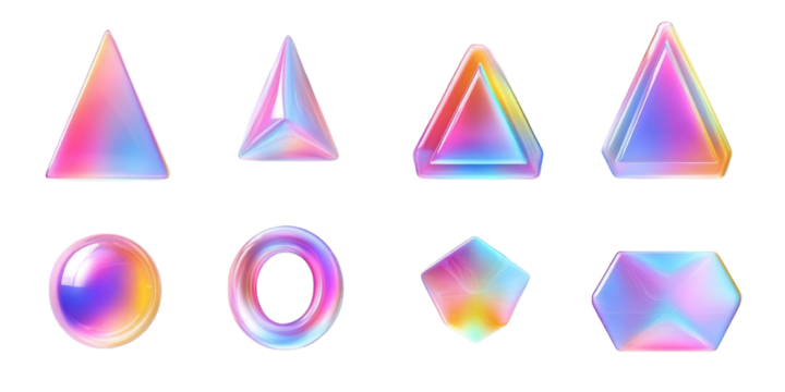 3d gradient holographic shape element set isolated on a white transparent background
