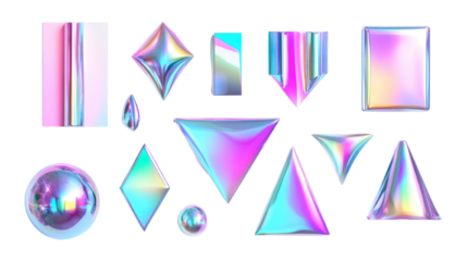 set of 3d gradient holographic shape element isolated on transparent background