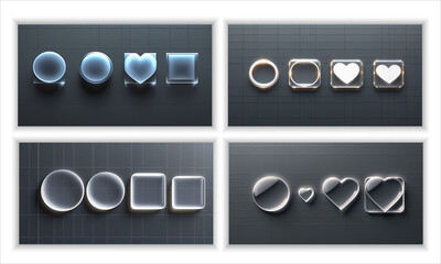 Neon glass frame set with luminous geometric shapes - transparent borders featuring glowing circle,
 squares and heart outline. Translucent text boxes or title banners light decorative effects

