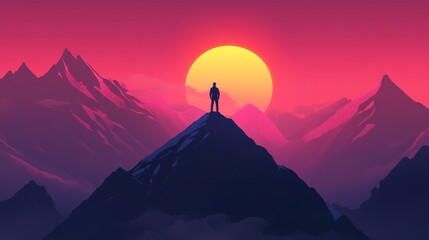 A person standing on a mountain peak with a glowing sunrise.