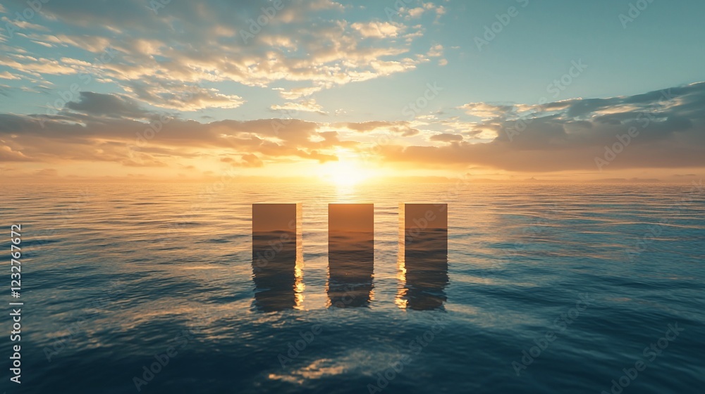 Poster three rectangular structures stand in calm ocean water at sunset