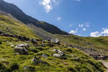 Grossglockner mountain range in Austria with green slopes and rocks in the foreground