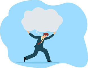 man carrying thought balloon. Over thinking obsessive in work. Too many problems that cannot make decision. Businessman carry heavy thinking bubble burden