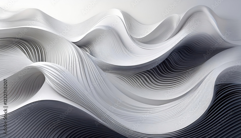 Poster striking abstraction on white background wavy dimensions merge in an ethereal interplay of light and