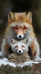 Adorable Red Fox with Cub Toy in Snowy Forest, Wildlife Serenity, Nature Photography, Cute Animal Posing, Winter Scene, Mother Fox, Cozy Moment, Wilderness Charm