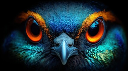 Bird, intense gaze, close-up, dark background, wildlife photography