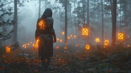 Fototapeta premium Hooded Warrior Walks Through An Enchanted Forest