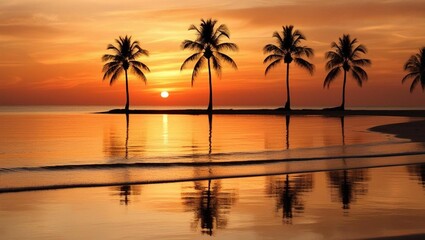 A stunning sunset over a calm beach, with golden and orange hues reflecting on the water. Palm trees are silhouetted against the sky, and waves gently touch the shore. 