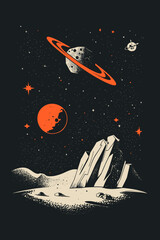 A surreal space scene featuring a rocky alien landscape under a starry sky. A ringed planet and a red moon hover above, surrounded by small glowing stars.