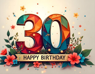 Happy birthday 30, Floral Number 30, thirty, 30th birthday, illustration of an floral background, birthday card