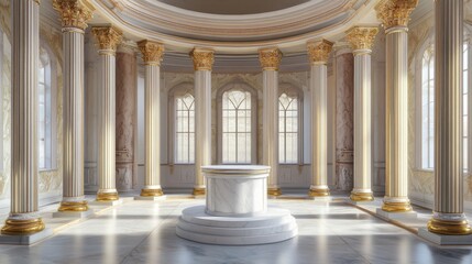 Fototapeta premium Room interior featuring marble floor and marble pedestal with soft lighting