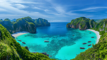 Fototapeta premium Maya Bay, Thailand Tropical beach boats turquoise water