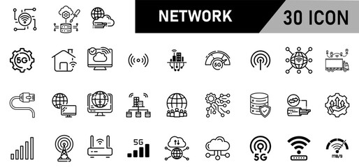 Minimalist Network Icon Pack | 30 Outline Vector Icons, Editable stroke. 
