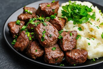 Grilled butter steak bites with mashed potatoes