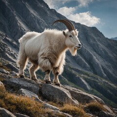 Obraz premium Goat Climbing a Rocky Hillside. Mountain goat on a rock in the mountains. 
