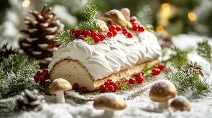 Festive Yule log cake decorated with red currants, meringue, and gold mushrooms on a snowy surface.