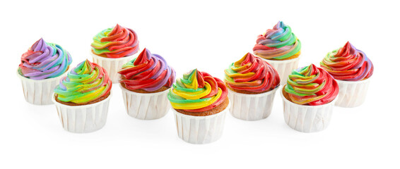 Delicious cupcakes with colorful cream isolated on white
