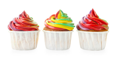 Delicious cupcakes with colorful cream isolated on white