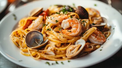 Plate of pasta with shrimp and clams served with a garnish of herbs on a rustic wooden table