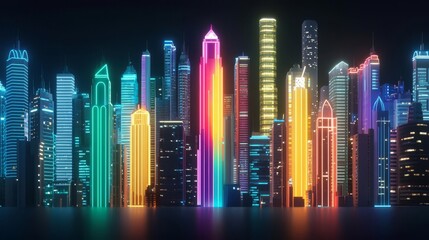 Vibrant skyline illuminated with colorful neon lights at night.