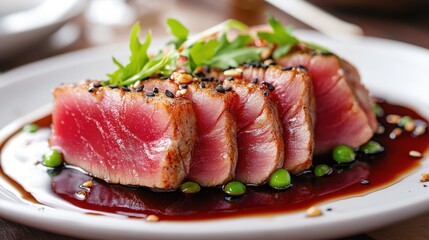 Plate of food featuring cooked meat served with rich sauce and garnished with herbs on a wooden table