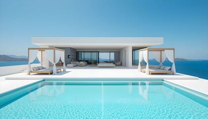 Fototapeta premium A modern, luxury infinity pool deck overlooking a vast ocean.&nbsp; White-washed, geometrically shaped patio with sun loungers and a cabana-style pergola.&nbsp; The pool is a light turquoise blue 