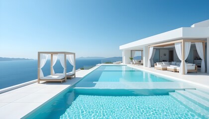 Obraz premium A modern, luxury infinity pool deck overlooking a vast ocean.&nbsp; White-washed, geometrically shaped patio with sun loungers and a cabana-style pergola.&nbsp; The pool is a light turquoise blue 