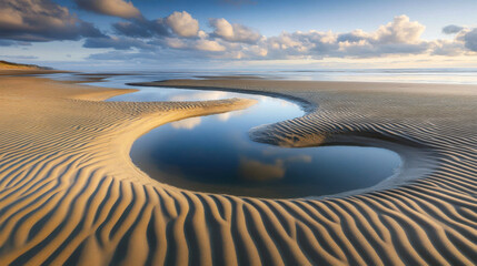 Calm tidal pool reflects clouds on sandy beach during low tide at sunset
