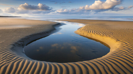 Calm tidal pool reflects clouds on sandy beach during low tide at sunset