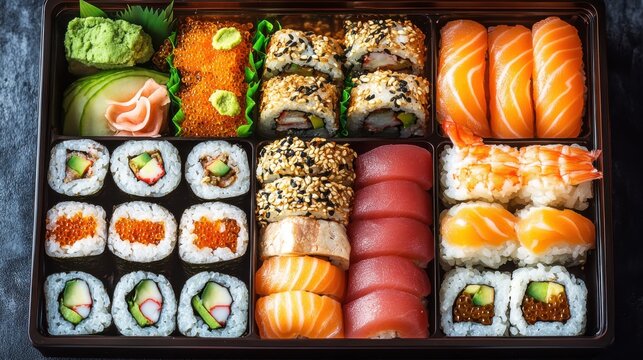 Tray of assorted sushi pieces including nigiri and maki rolls arranged on a wooden surface