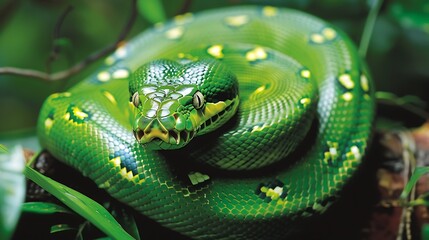 Fototapeta premium Green Tree Python Among Dense Forest Foliage