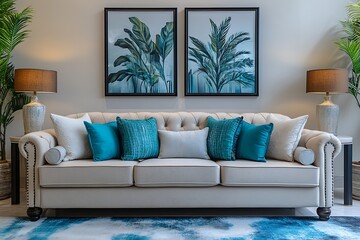 Diverse styles cater to eclectic tastes and project needs with two wall paintings, a white couch and teal pillows.