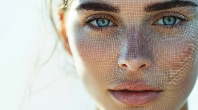 Close-up of a model with shimmering mesh and intricate details, showcasing beauty and artistry in a soft light setting