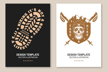 Set of hiking outdoor adventure emblems. Hiking related typographic quote. Concept for shirt or logo, print, stamp, sticker. Design with human skull skeleton in winter hat, hiking boots, pine cone