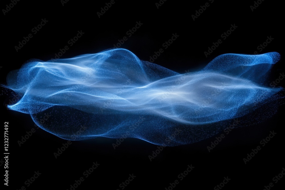 Poster shimmering blue dust particles creating a hazy wave effect on a dark background . motion